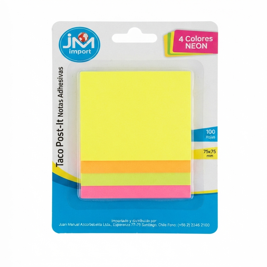 Notas Adhesivas Taco Post-it JM Import – 4 Colores Neón, 100 Hojas (75x75 mm)