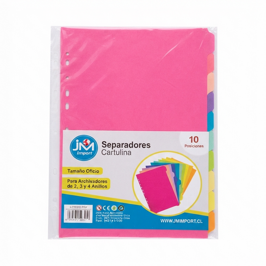 Separadores de Cartulina Multicolor JM Import (10 Posiciones) Oficio