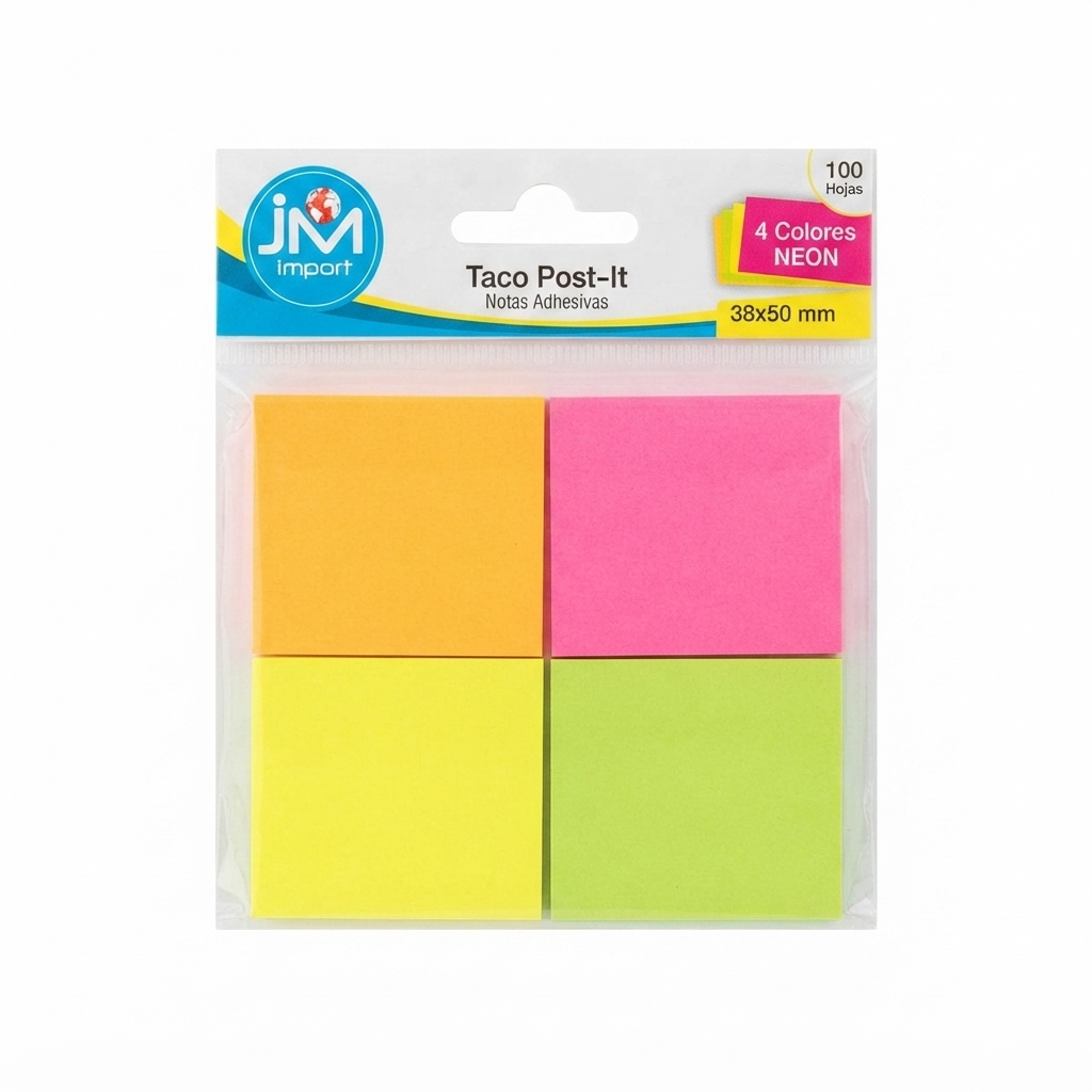Mini Notas Adhesivas Taco Post-it JM Import – 4 Colores Neón, 100 Hojas (38x50 mm)