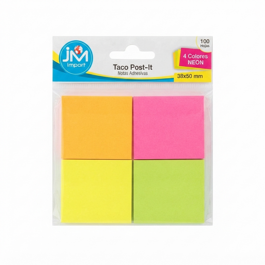Mini Notas Adhesivas Taco Post-it JM Import – 4 Colores Neón, 100 Hojas (38x50 mm)