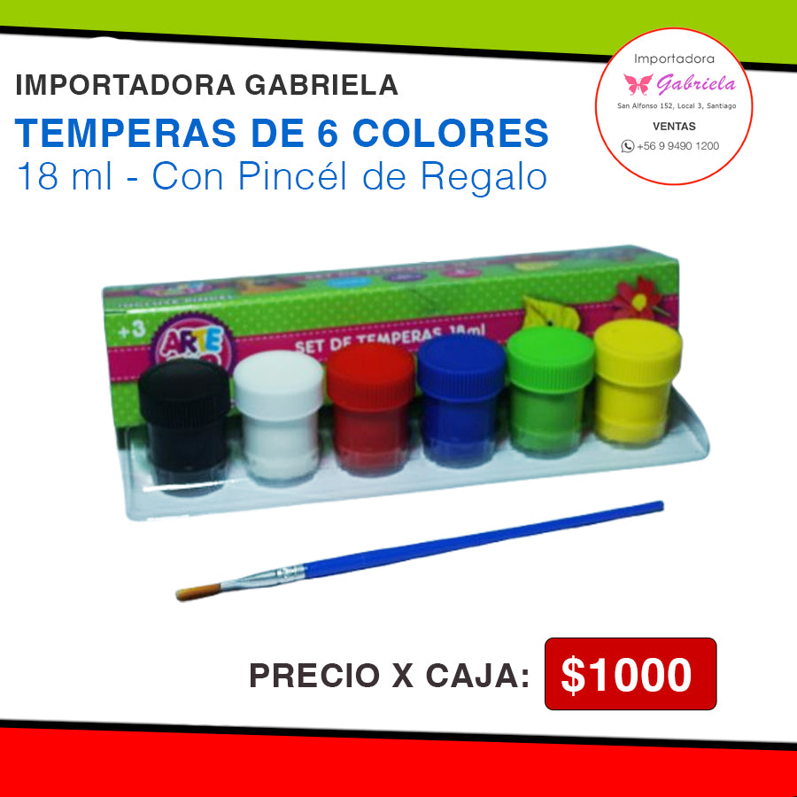 Tempera de 6 Colores 18 ml con Pincél de Regalo