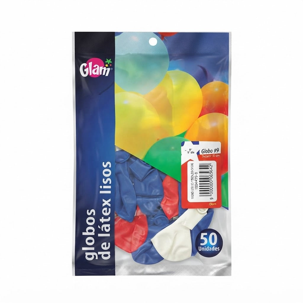 Bolsa de 50 Globos de Látex Lisos Surtidos N° 9 / N° 10 - Marca Glam - Azul - Blanco - Rojo